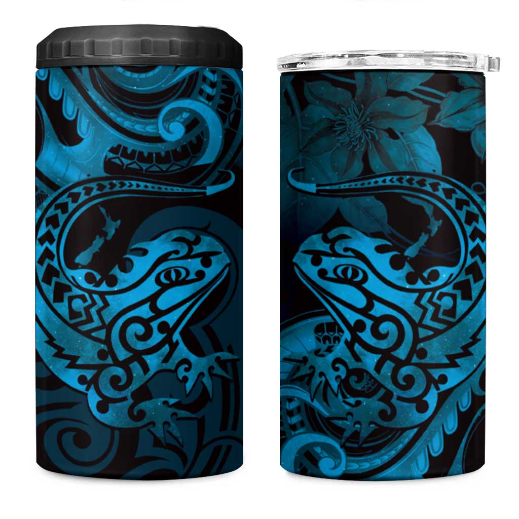 New Zealand Tuatara 4 in 1 Can Cooler Tumbler Aotearoa Maori Clematis Flowers - Blue
