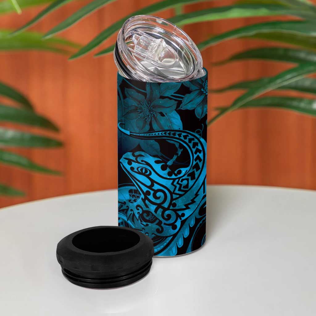 New Zealand Tuatara 4 in 1 Can Cooler Tumbler Aotearoa Maori Clematis Flowers - Blue