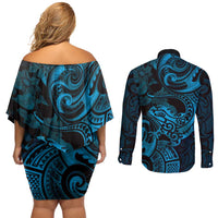 New Zealand Tuatara Couples Matching Off Shoulder Short Dress and Long Sleeve Button Shirt Aotearoa Maori Clematis Flowers - Blue