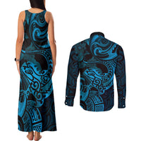 New Zealand Tuatara Couples Matching Tank Maxi Dress and Long Sleeve Button Shirt Aotearoa Maori Clematis Flowers - Blue