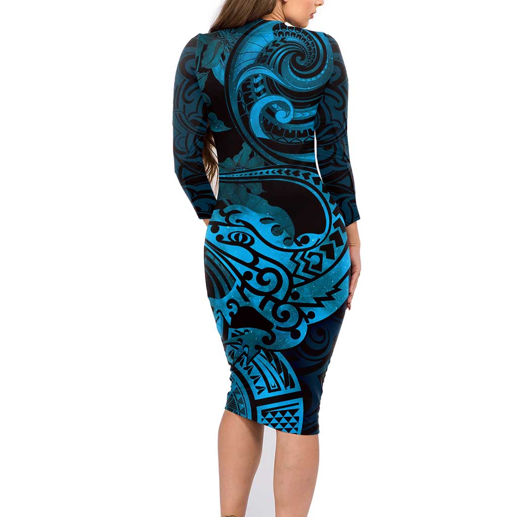 New Zealand Tuatara Family Matching Long Sleeve Bodycon Dress and Hawaiian Shirt Aotearoa Maori Clematis Flowers - Blue
