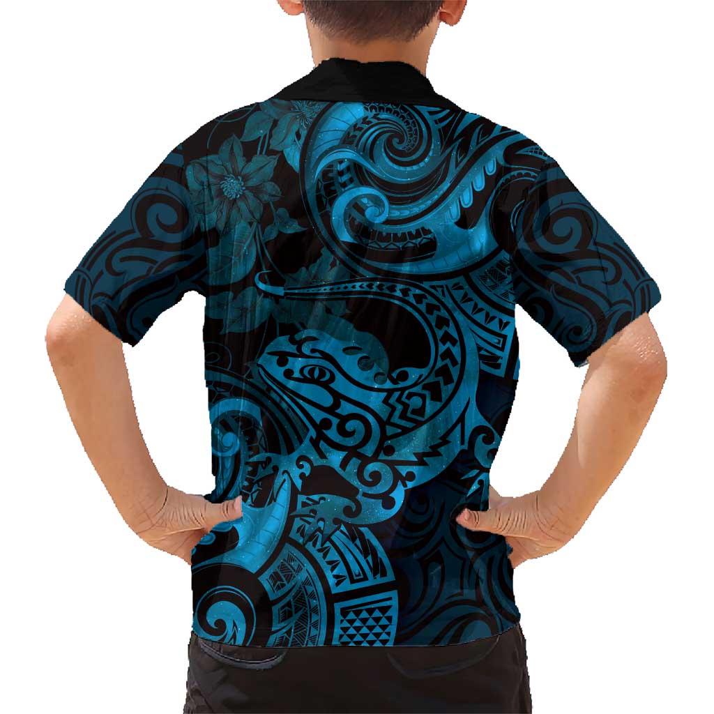 New Zealand Tuatara Family Matching Short Sleeve Bodycon Dress and Hawaiian Shirt Aotearoa Maori Clematis Flowers - Blue