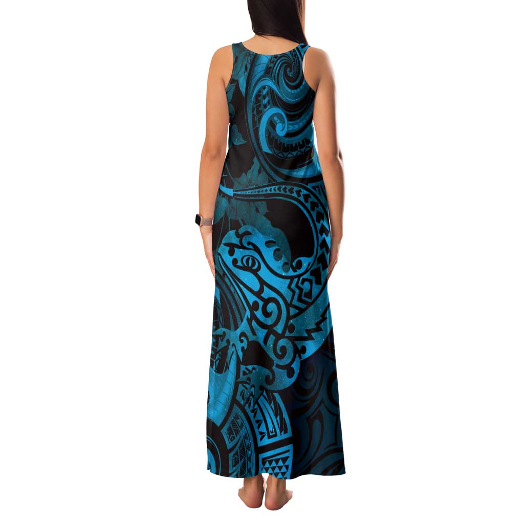 New Zealand Tuatara Family Matching Tank Maxi Dress and Hawaiian Shirt Aotearoa Maori Clematis Flowers - Blue