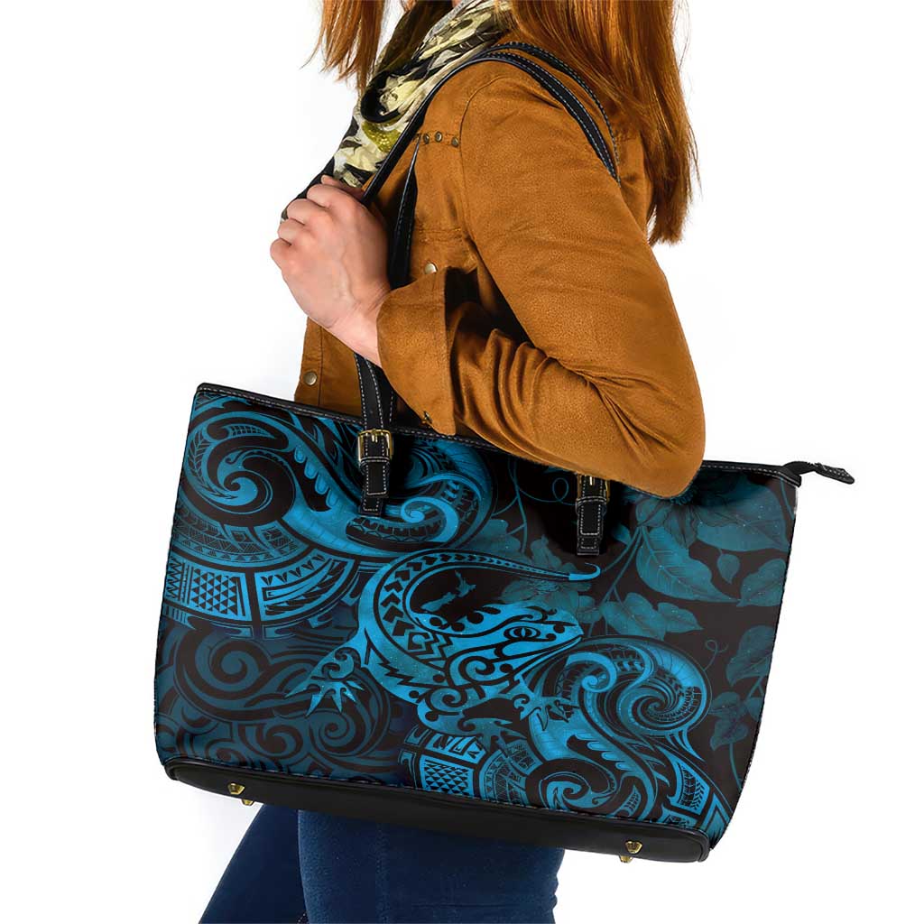 New Zealand Tuatara Leather Tote Bag Aotearoa Maori Clematis Flowers - Blue LT14 Blue - Polynesian Pride