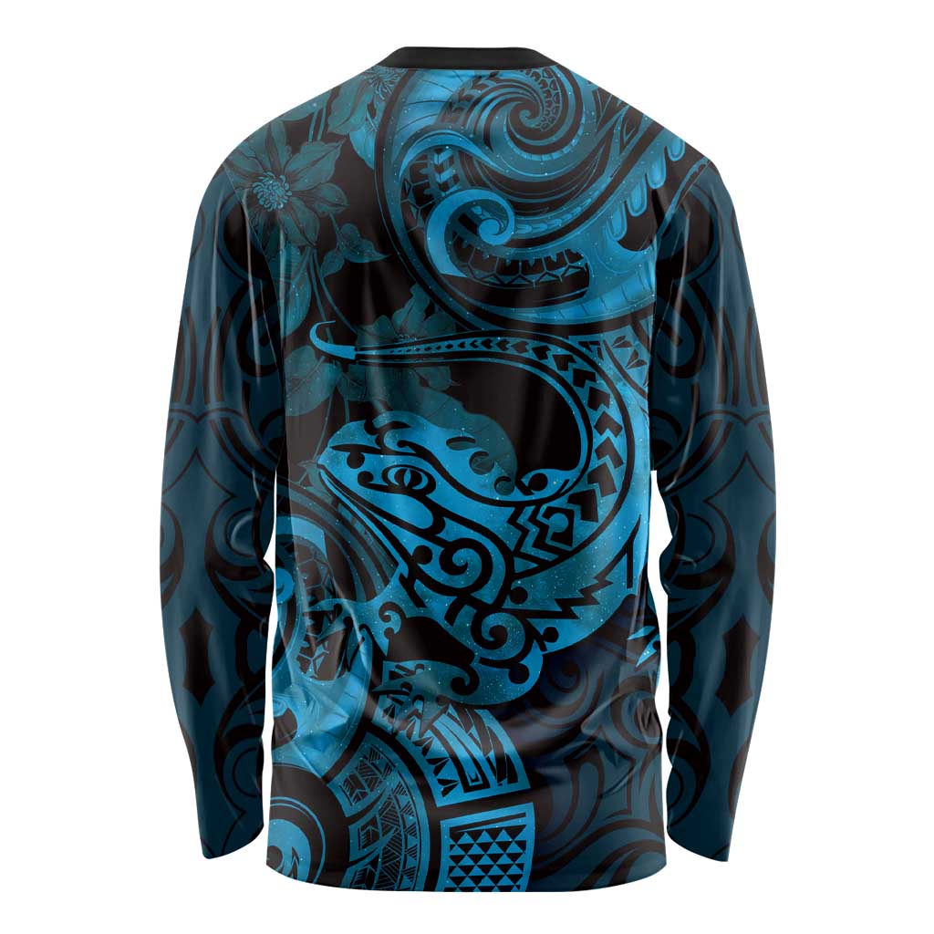 New Zealand Tuatara Long Sleeve Shirt Aotearoa Maori Clematis Flowers - Blue