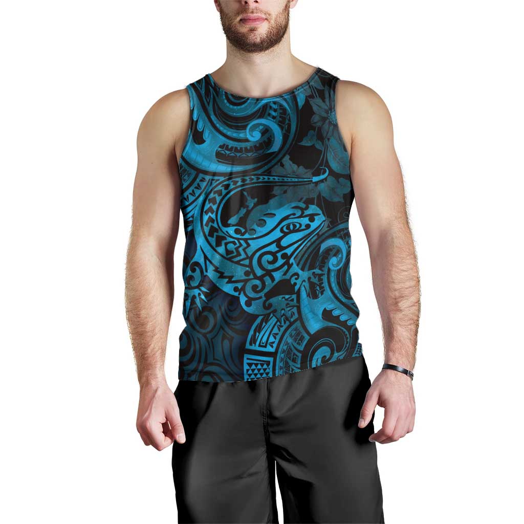 New Zealand Tuatara Men Tank Top Aotearoa Maori Clematis Flowers - Blue