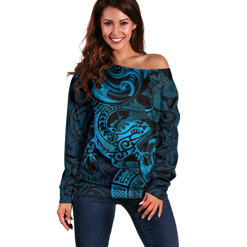New Zealand Tuatara Off Shoulder Sweater Aotearoa Maori Clematis Flowers - Blue LT14 Women Blue - Polynesian Pride