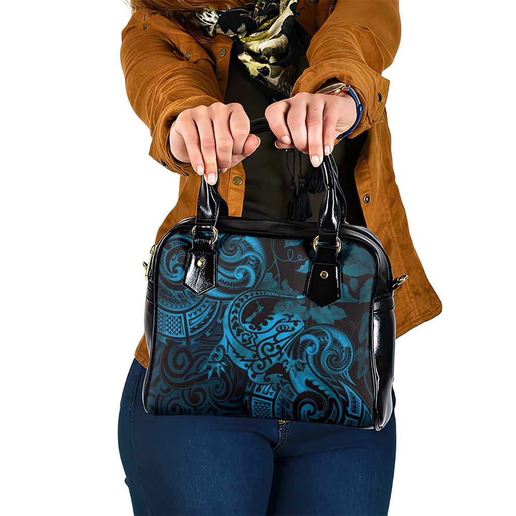New Zealand Tuatara Shoulder Handbag Aotearoa Maori Clematis Flowers - Blue LT14 One Size Blue - Polynesian Pride