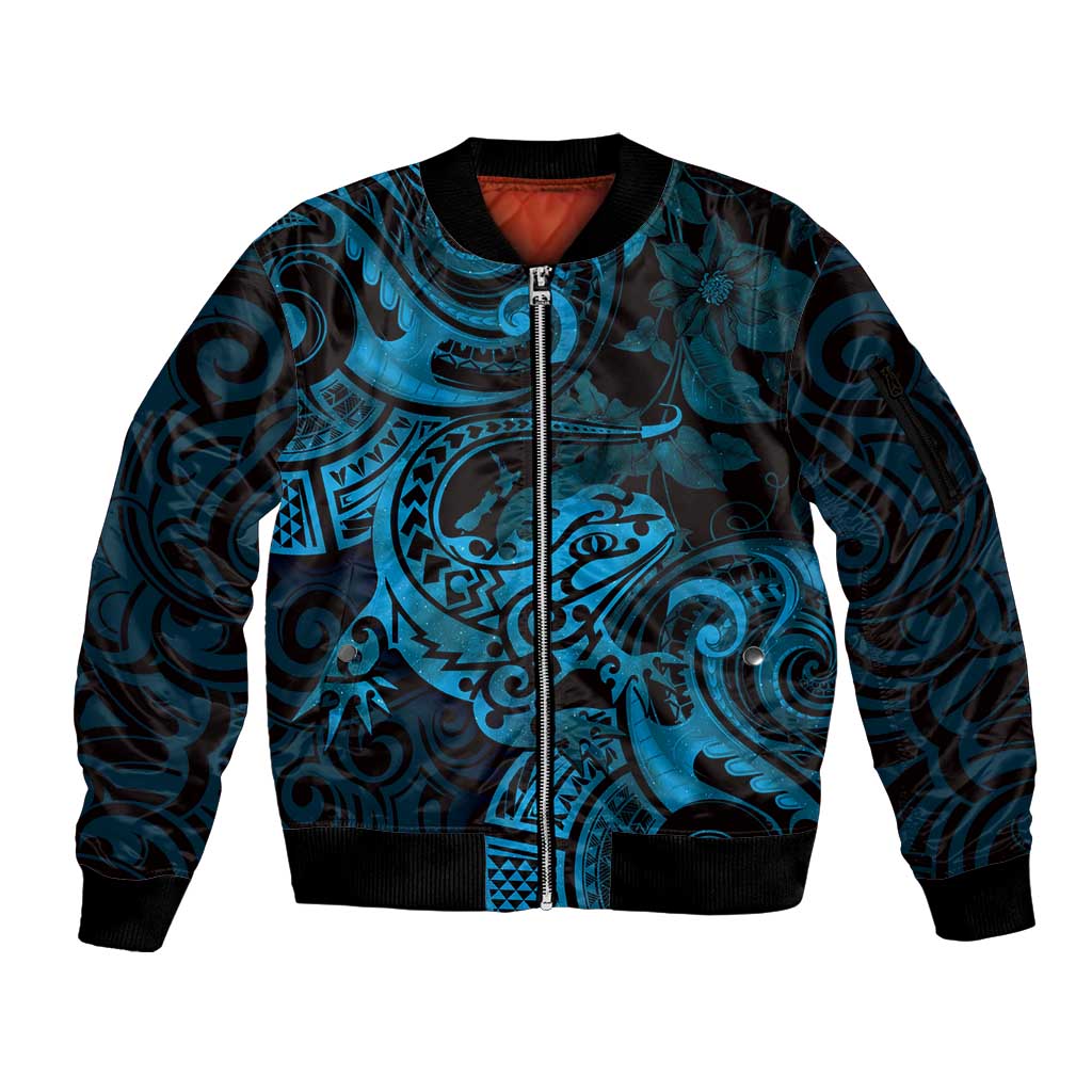 New Zealand Tuatara Sleeve Zip Bomber Jacket Aotearoa Maori Clematis Flowers - Blue LT14 Unisex Blue - Polynesian Pride