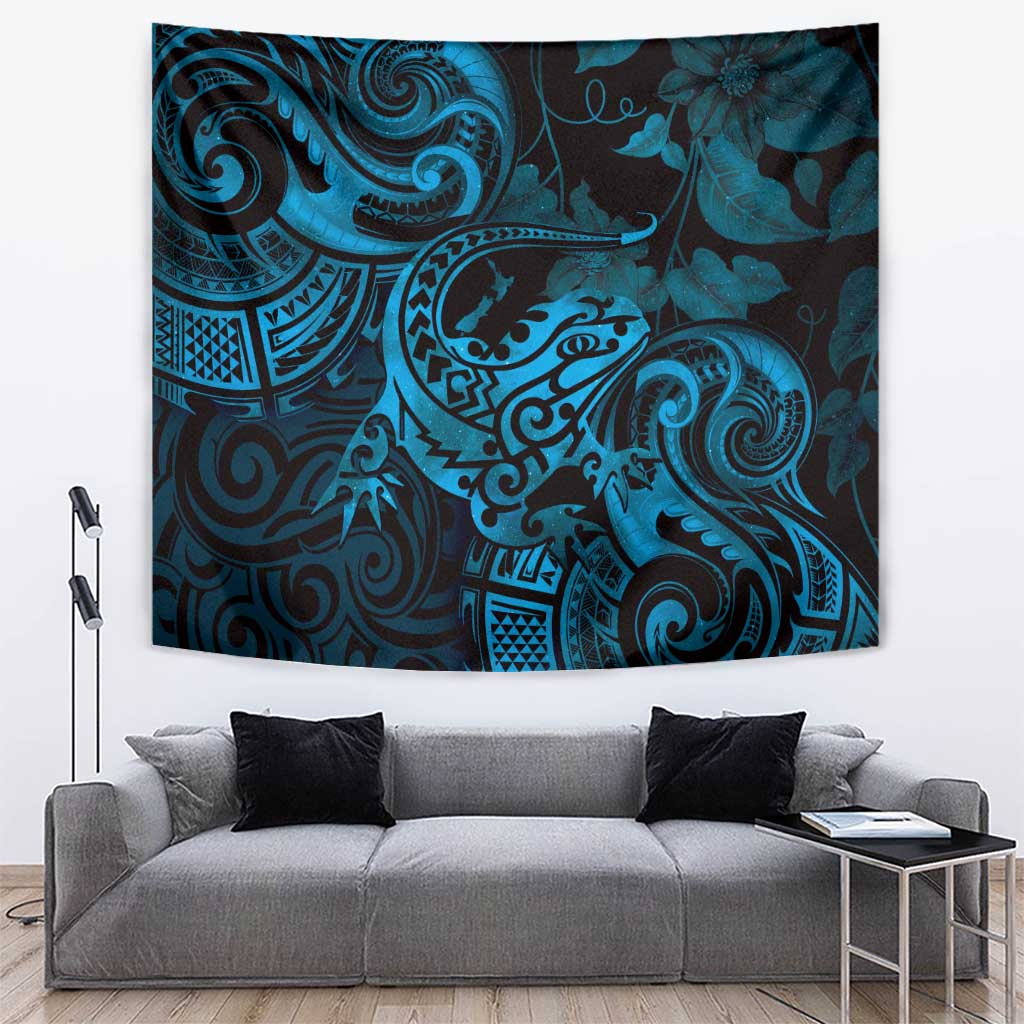 New Zealand Tuatara Tapestry Aotearoa Maori Clematis Flowers - Blue LT14 Blue - Polynesian Pride