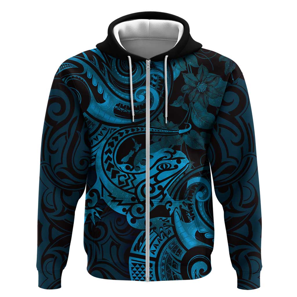New Zealand Tuatara Zip Hoodie Aotearoa Maori Clematis Flowers - Blue LT14 Zip Hoodie Blue - Polynesian Pride