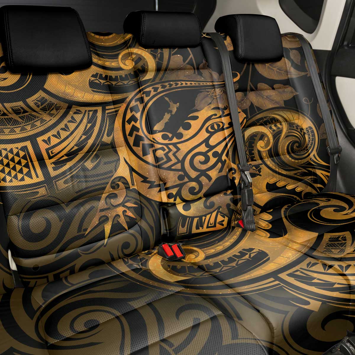New Zealand Tuatara Back Car Seat Cover Aotearoa Maori Clematis Flowers - Gold