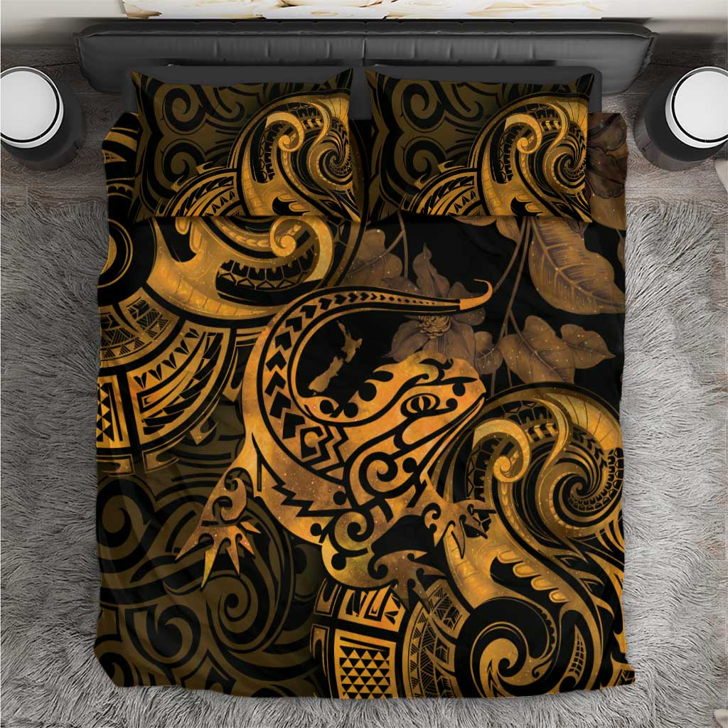 New Zealand Tuatara Bedding Set Aotearoa Maori Clematis Flowers - Gold LT14 Gold - Polynesian Pride