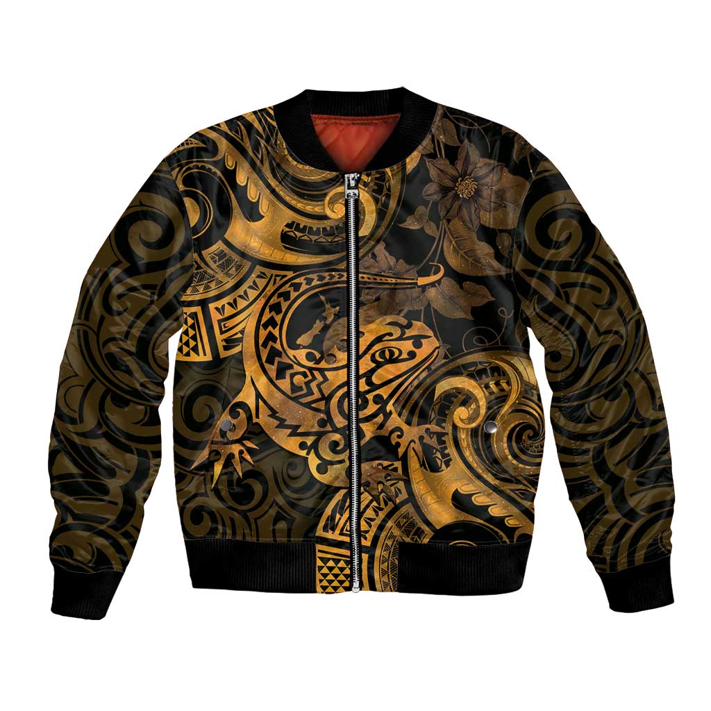 New Zealand Tuatara Bomber Jacket Aotearoa Maori Clematis Flowers - Gold LT14 Unisex Gold - Polynesian Pride