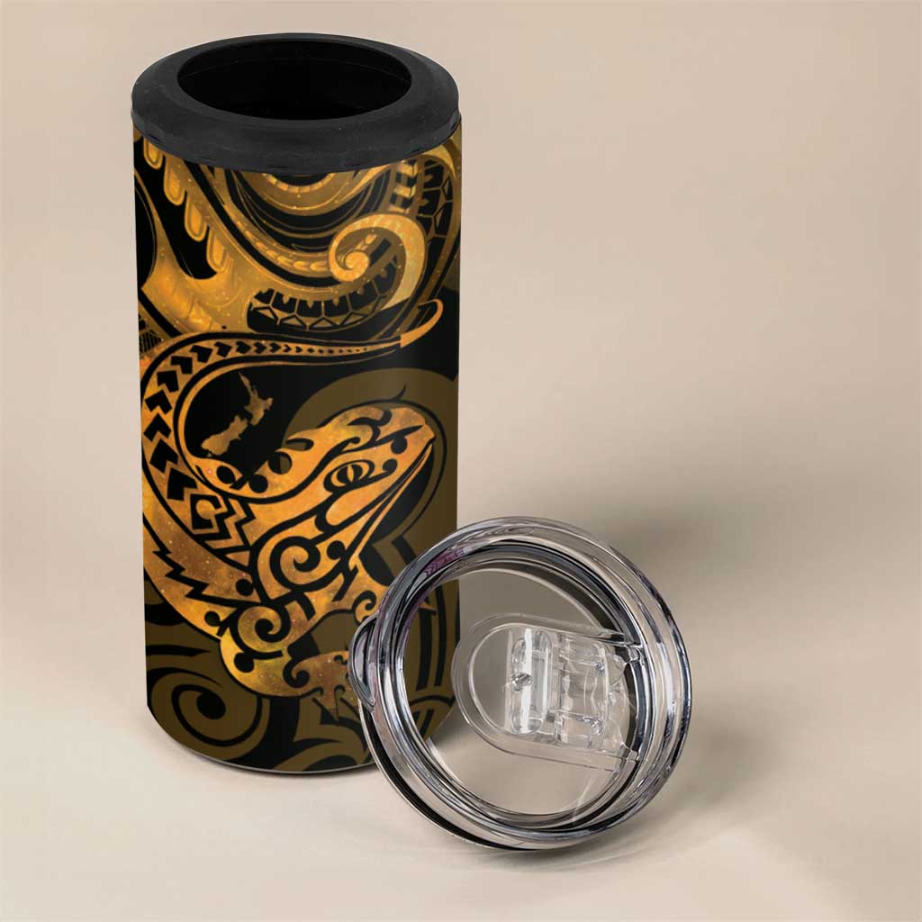 New Zealand Tuatara 4 in 1 Can Cooler Tumbler Aotearoa Maori Clematis Flowers - Gold
