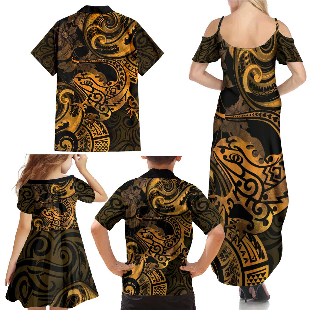 New Zealand Tuatara Family Matching Summer Maxi Dress and Hawaiian Shirt Aotearoa Maori Clematis Flowers - Gold