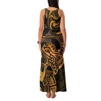 New Zealand Tuatara Family Matching Tank Maxi Dress and Hawaiian Shirt Aotearoa Maori Clematis Flowers - Gold