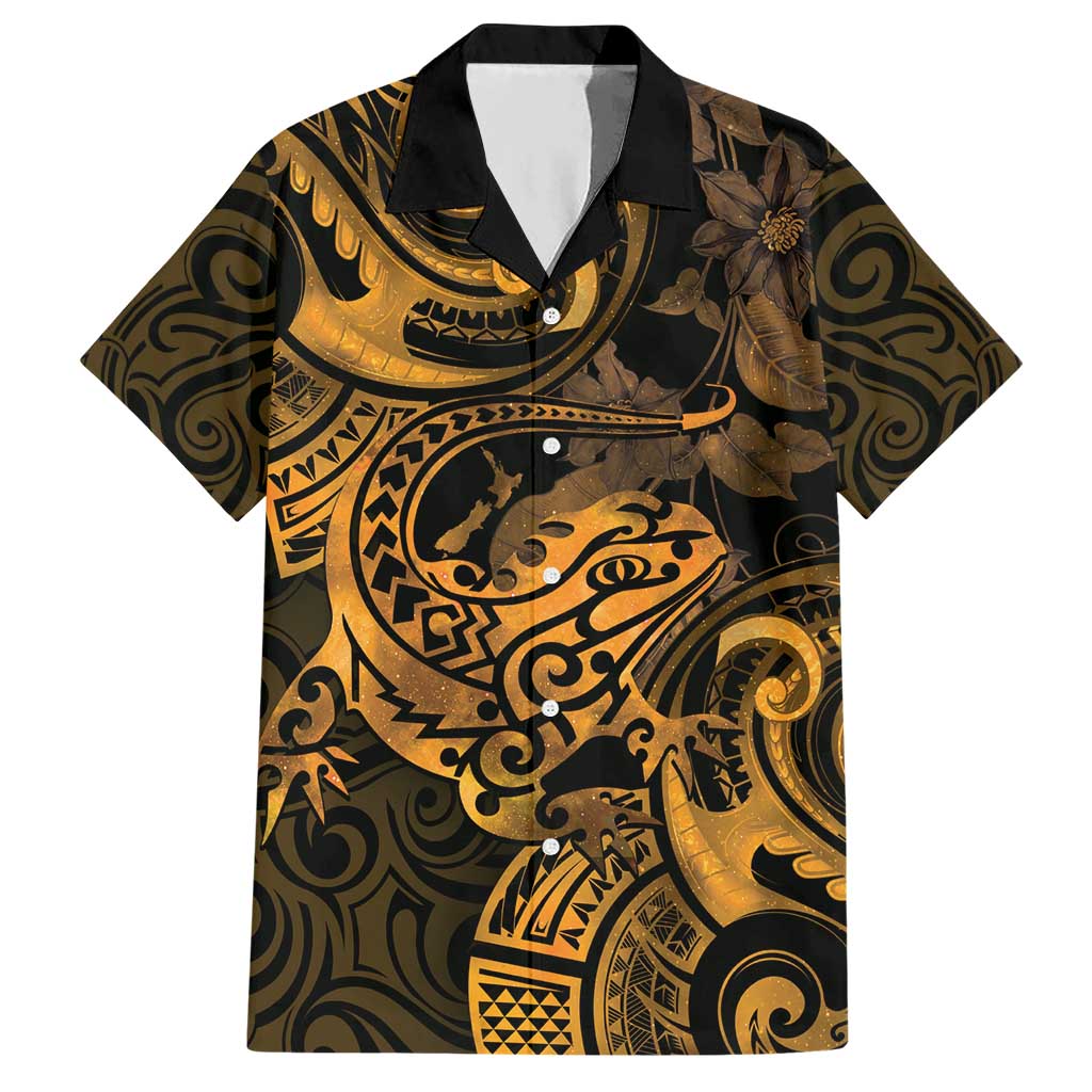 New Zealand Tuatara Hawaiian Shirt Aotearoa Maori Clematis Flowers - Gold LT14 Gold - Polynesian Pride