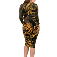 New Zealand Tuatara Long Sleeve Bodycon Dress Aotearoa Maori Clematis Flowers - Gold