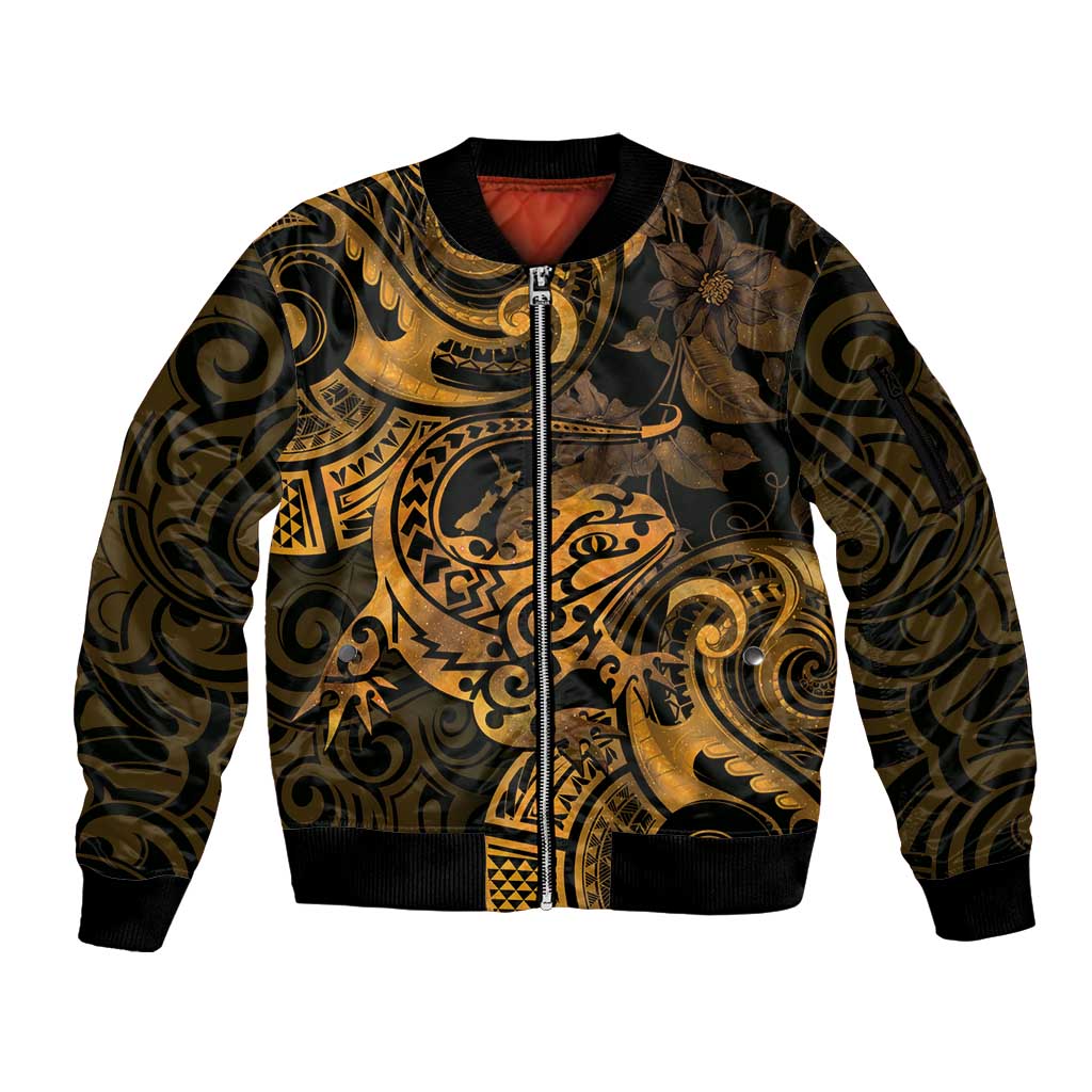 New Zealand Tuatara Sleeve Zip Bomber Jacket Aotearoa Maori Clematis Flowers - Gold