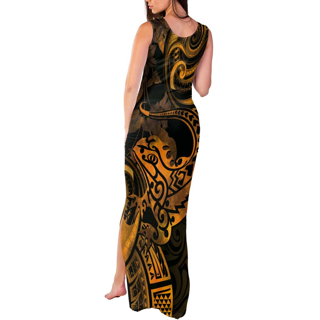 New Zealand Tuatara Tank Maxi Dress Aotearoa Maori Clematis Flowers - Gold