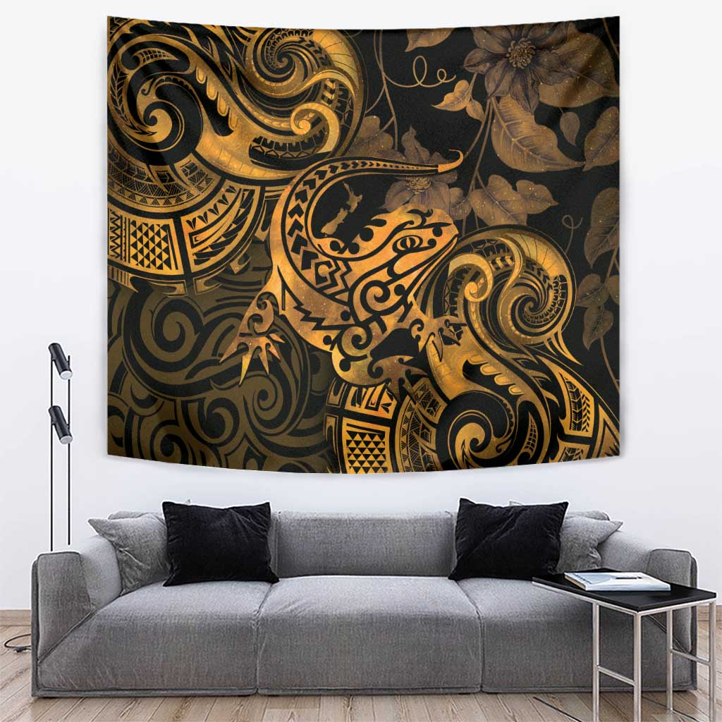 New Zealand Tuatara Tapestry Aotearoa Maori Clematis Flowers - Gold LT14 Gold - Polynesian Pride