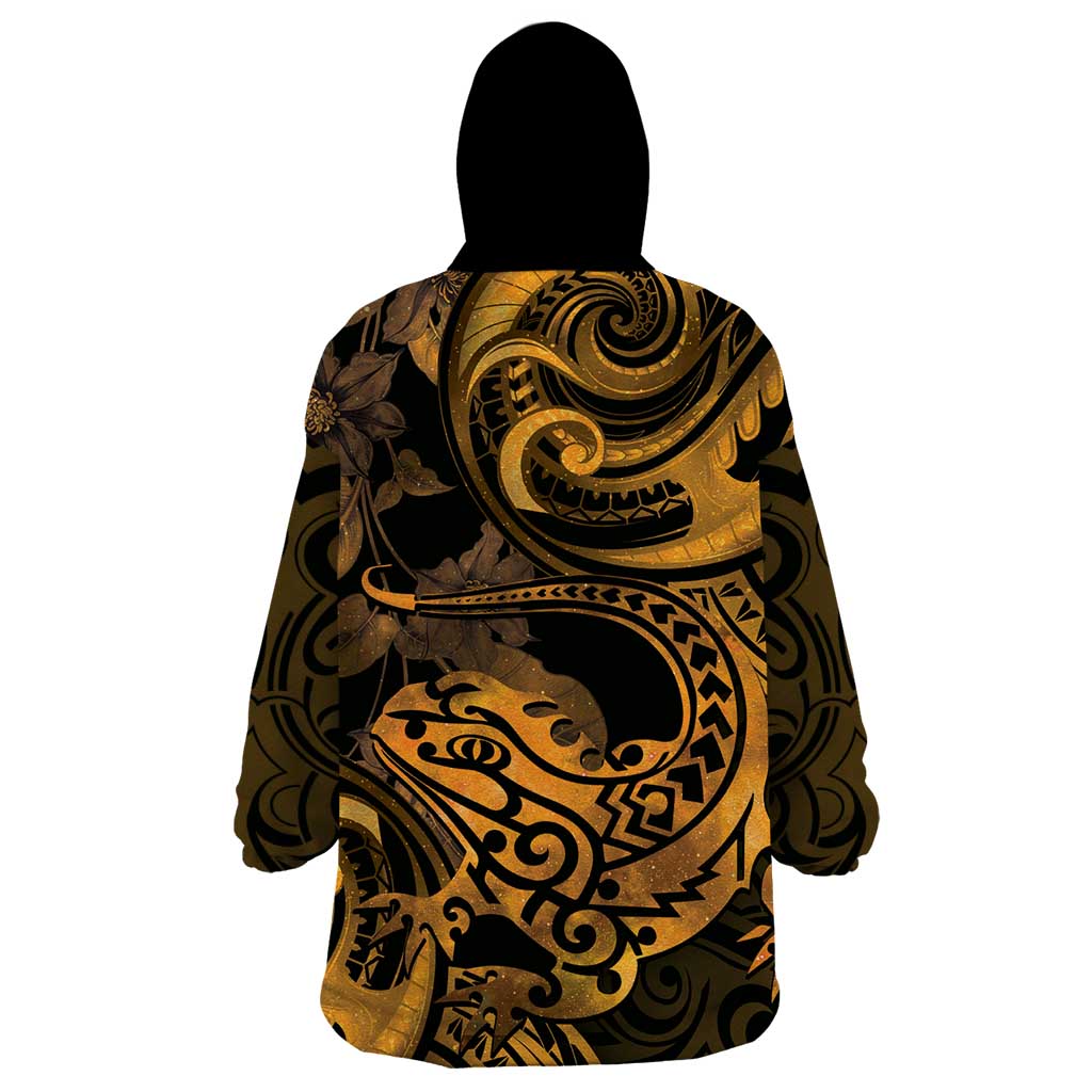 New Zealand Tuatara Wearable Blanket Hoodie Aotearoa Maori Clematis Flowers - Gold