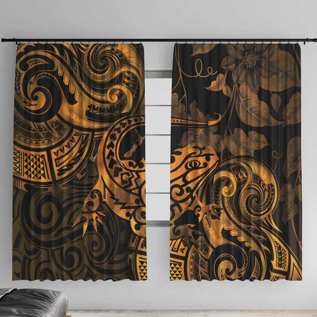 New Zealand Tuatara Window Curtain Aotearoa Maori Clematis Flowers - Gold LT14 With Hooks Gold - Polynesian Pride