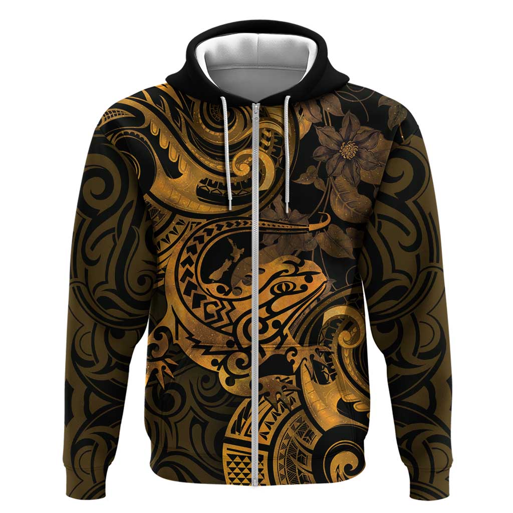 New Zealand Tuatara Zip Hoodie Aotearoa Maori Clematis Flowers - Gold LT14 Zip Hoodie Gold - Polynesian Pride