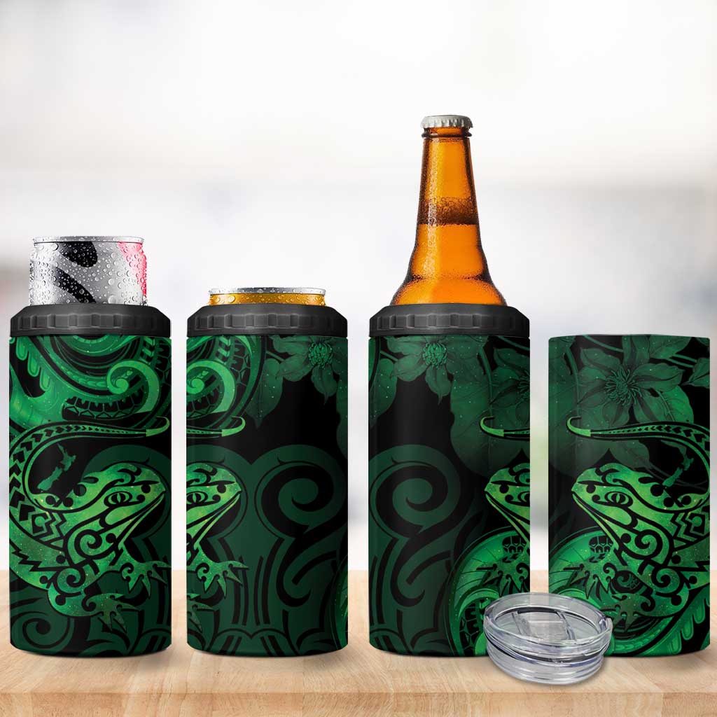 New Zealand Tuatara 4 in 1 Can Cooler Tumbler Aotearoa Maori Clematis Flowers - Green
