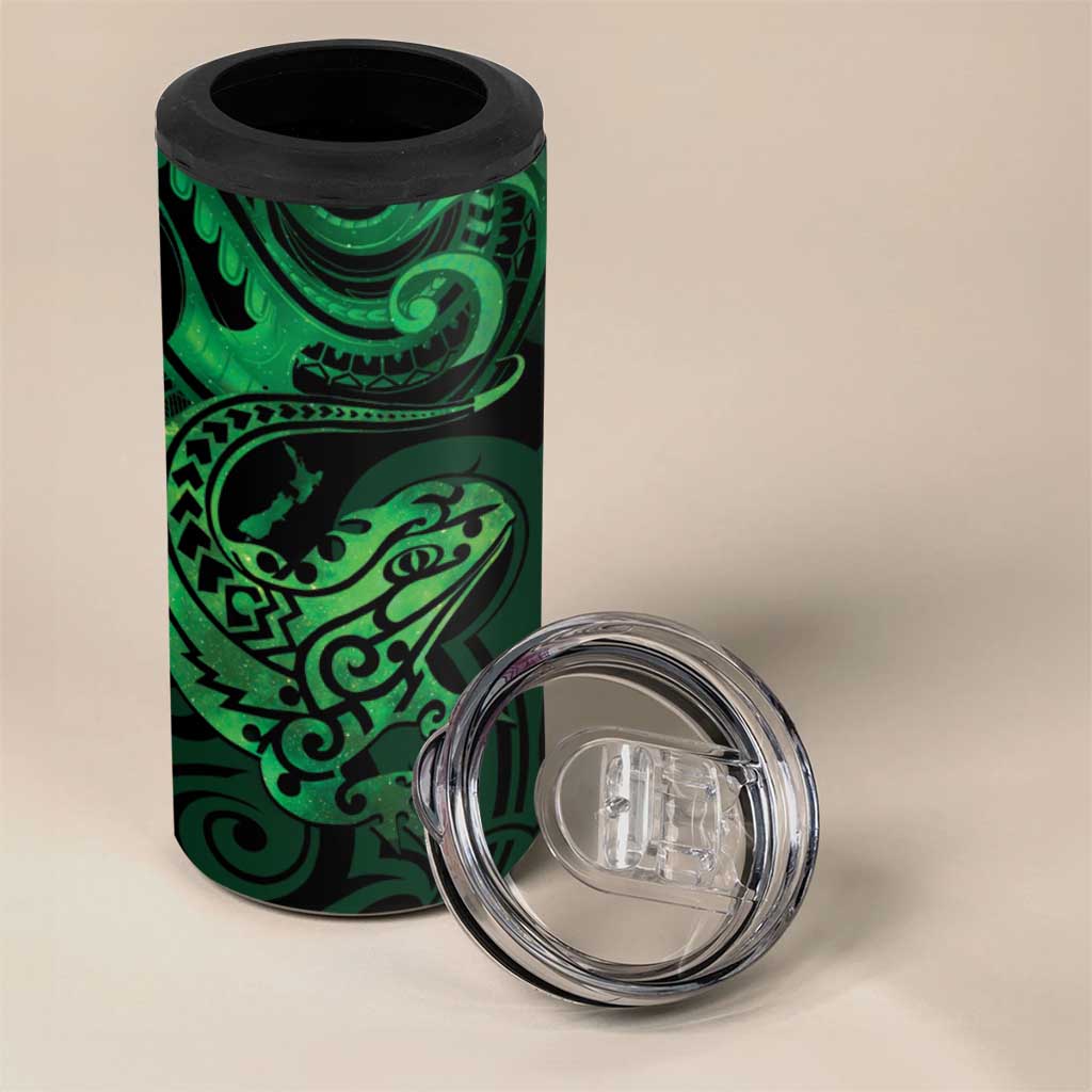 New Zealand Tuatara 4 in 1 Can Cooler Tumbler Aotearoa Maori Clematis Flowers - Green