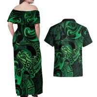 New Zealand Tuatara Couples Matching Off Shoulder Maxi Dress and Hawaiian Shirt Aotearoa Maori Clematis Flowers - Green