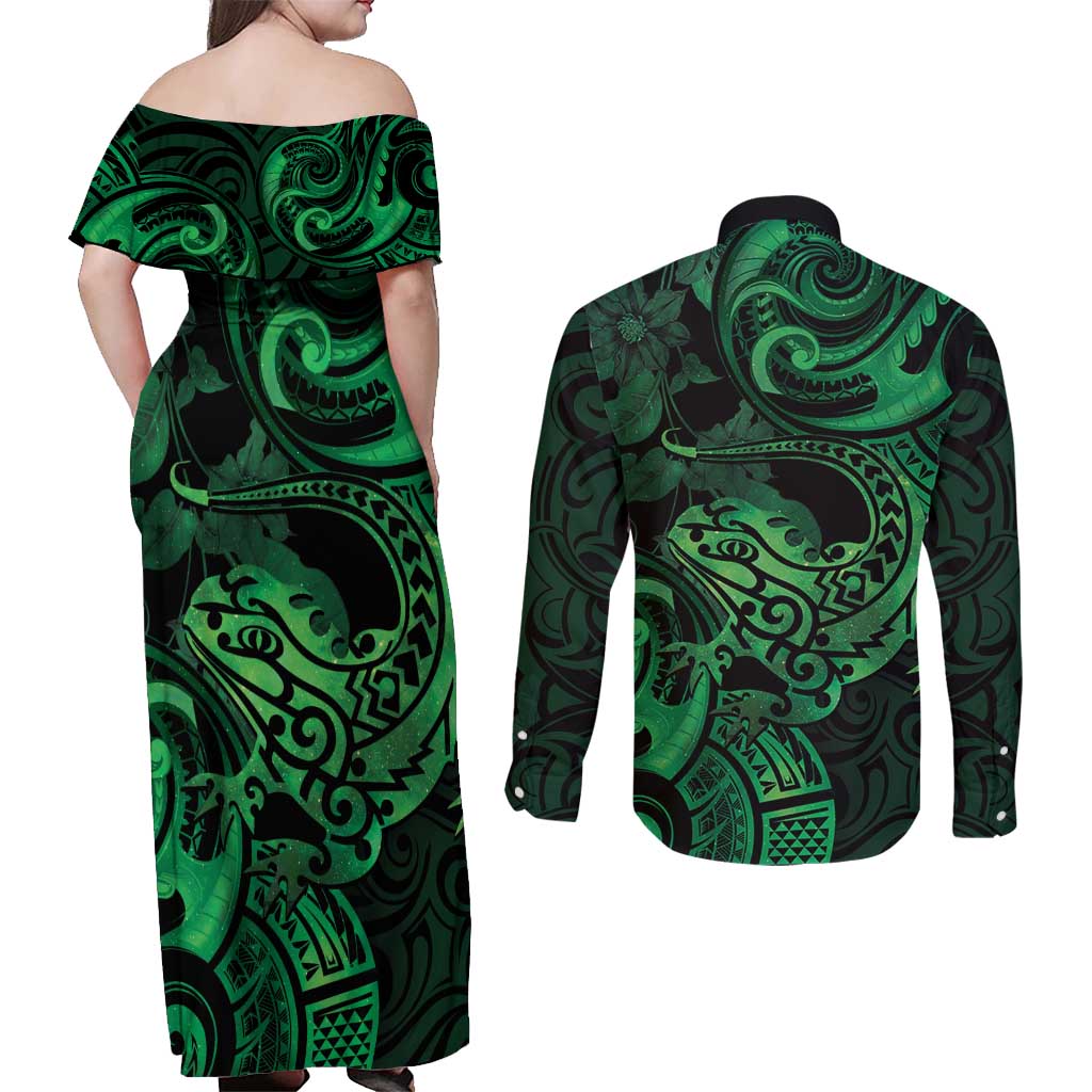 New Zealand Tuatara Couples Matching Off Shoulder Maxi Dress and Long Sleeve Button Shirt Aotearoa Maori Clematis Flowers - Green