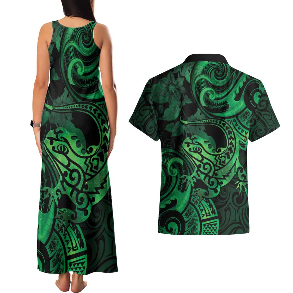 New Zealand Tuatara Couples Matching Tank Maxi Dress and Hawaiian Shirt Aotearoa Maori Clematis Flowers - Green