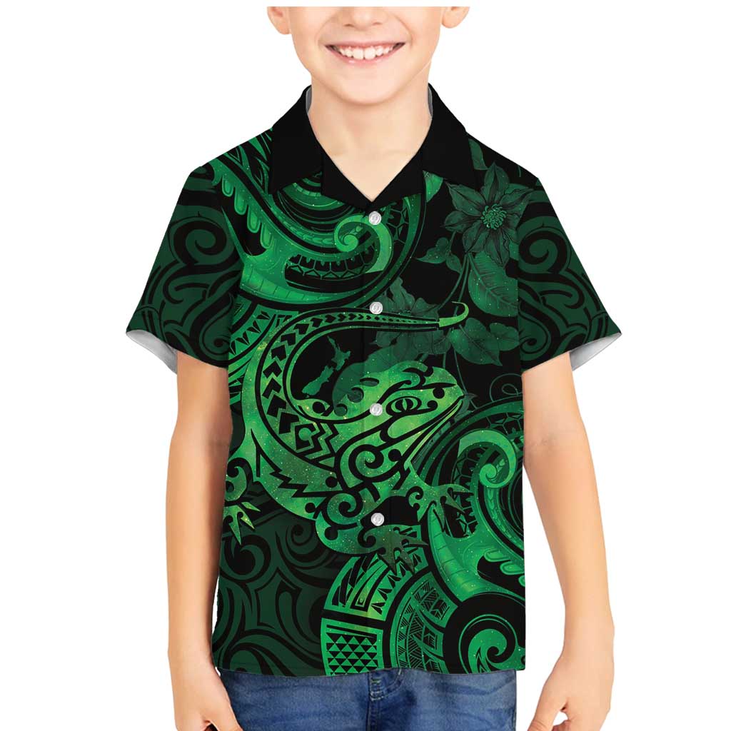 New Zealand Tuatara Family Matching Mermaid Dress and Hawaiian Shirt Aotearoa Maori Clematis Flowers - Green