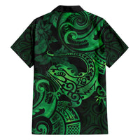 New Zealand Tuatara Family Matching Off Shoulder Short Dress and Hawaiian Shirt Aotearoa Maori Clematis Flowers - Green