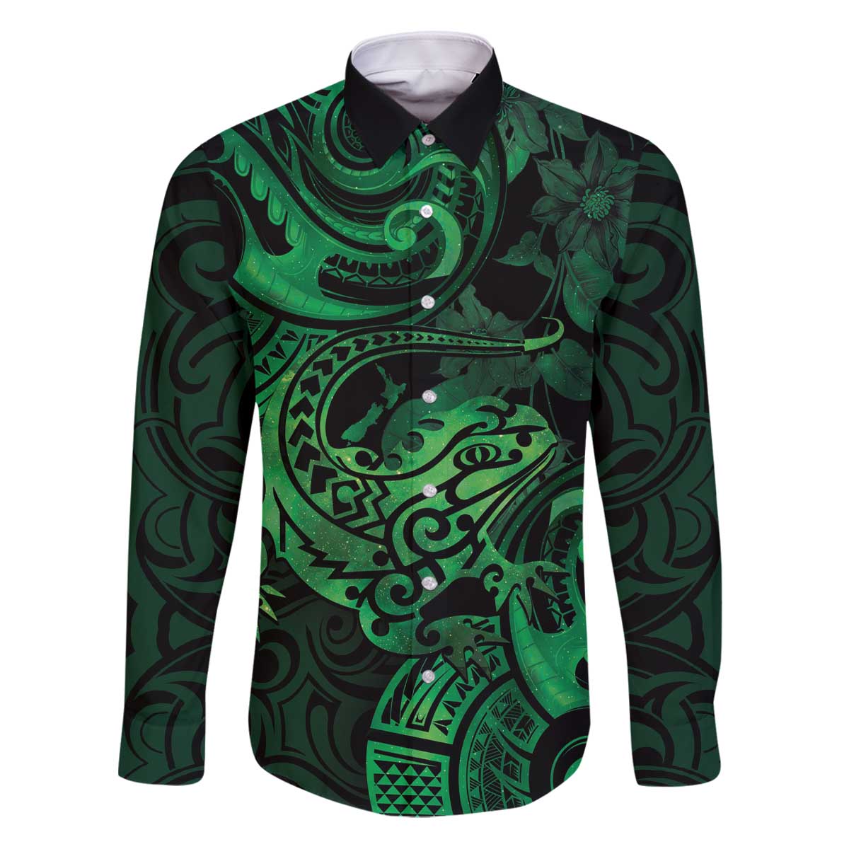 New Zealand Tuatara Family Matching Puletasi and Hawaiian Shirt Aotearoa Maori Clematis Flowers - Green