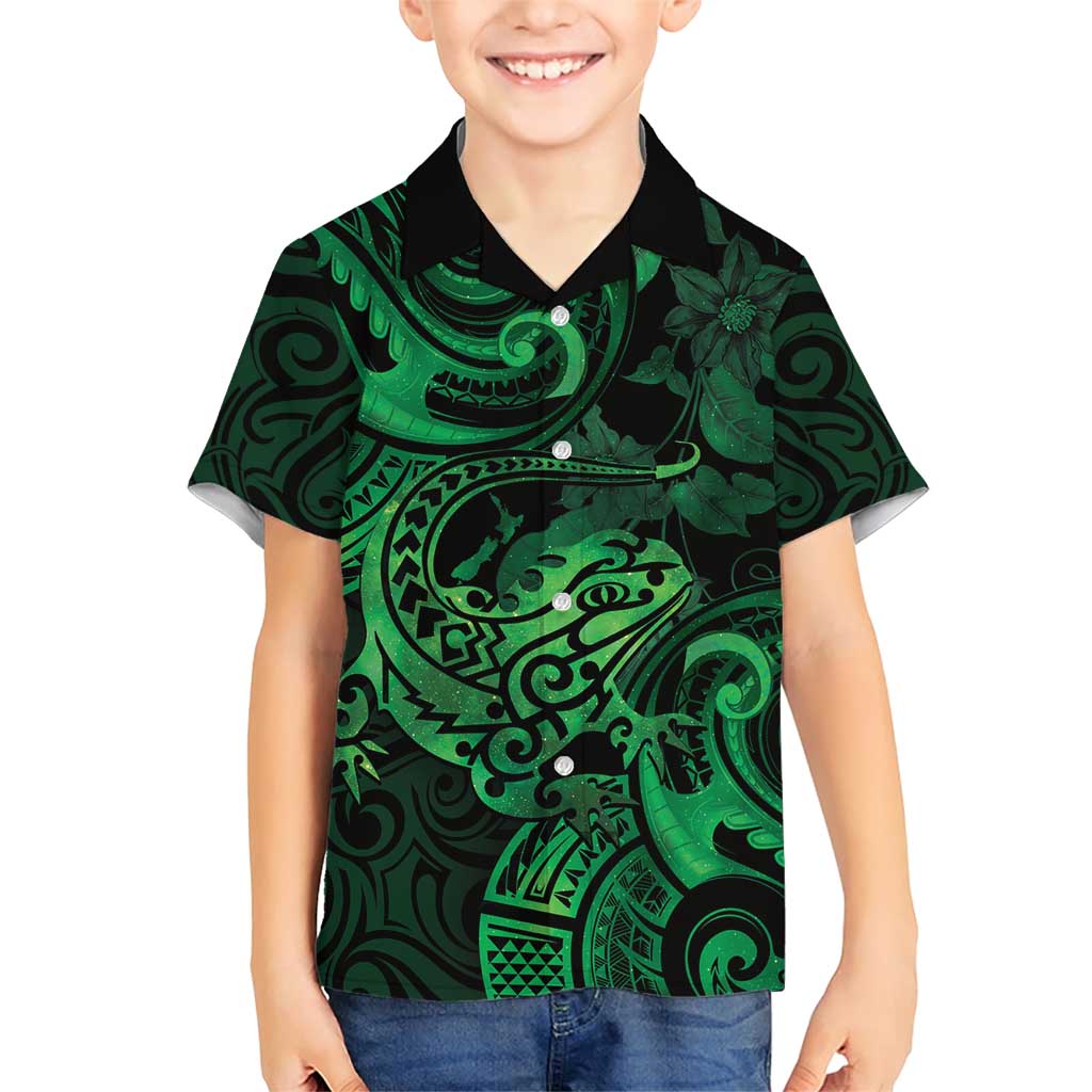 New Zealand Tuatara Family Matching Short Sleeve Bodycon Dress and Hawaiian Shirt Aotearoa Maori Clematis Flowers - Green