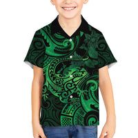 New Zealand Tuatara Family Matching Short Sleeve Bodycon Dress and Hawaiian Shirt Aotearoa Maori Clematis Flowers - Green