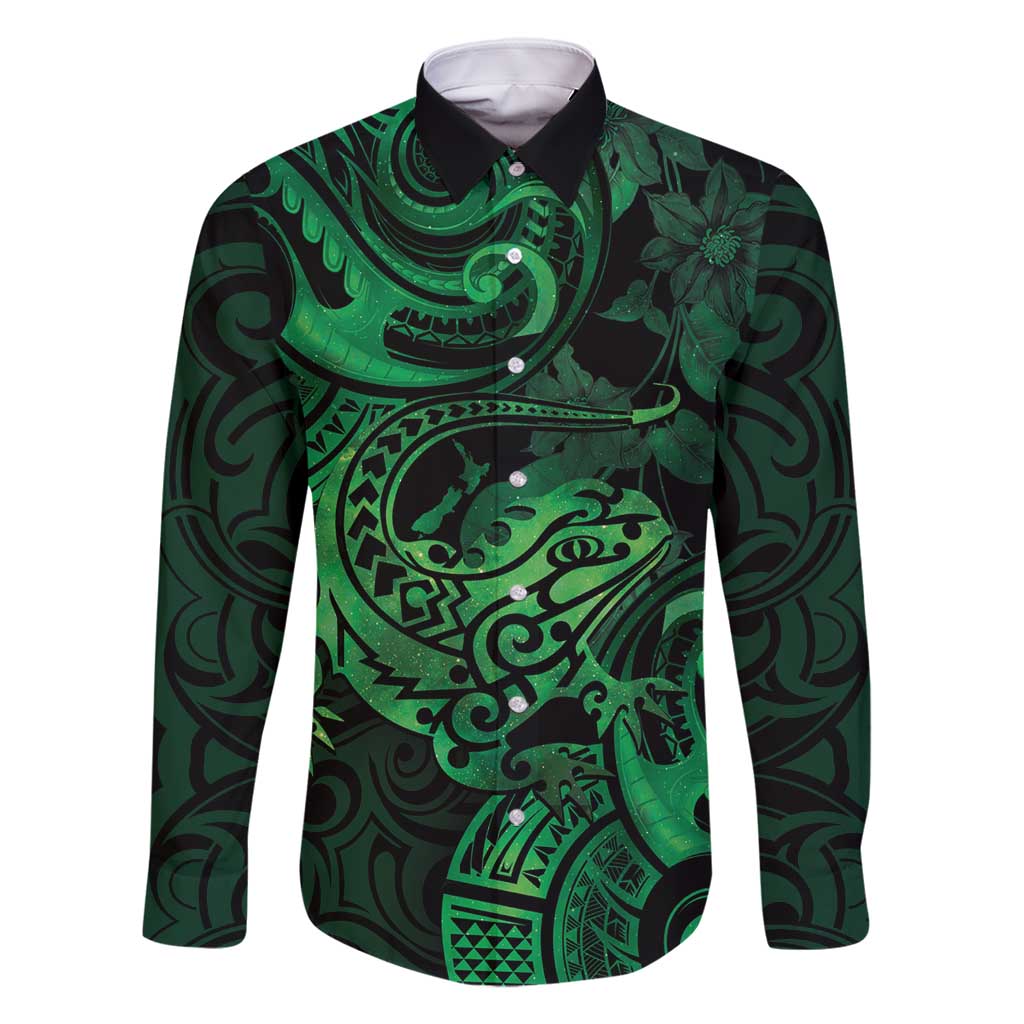 New Zealand Tuatara Family Matching Summer Maxi Dress and Hawaiian Shirt Aotearoa Maori Clematis Flowers - Green