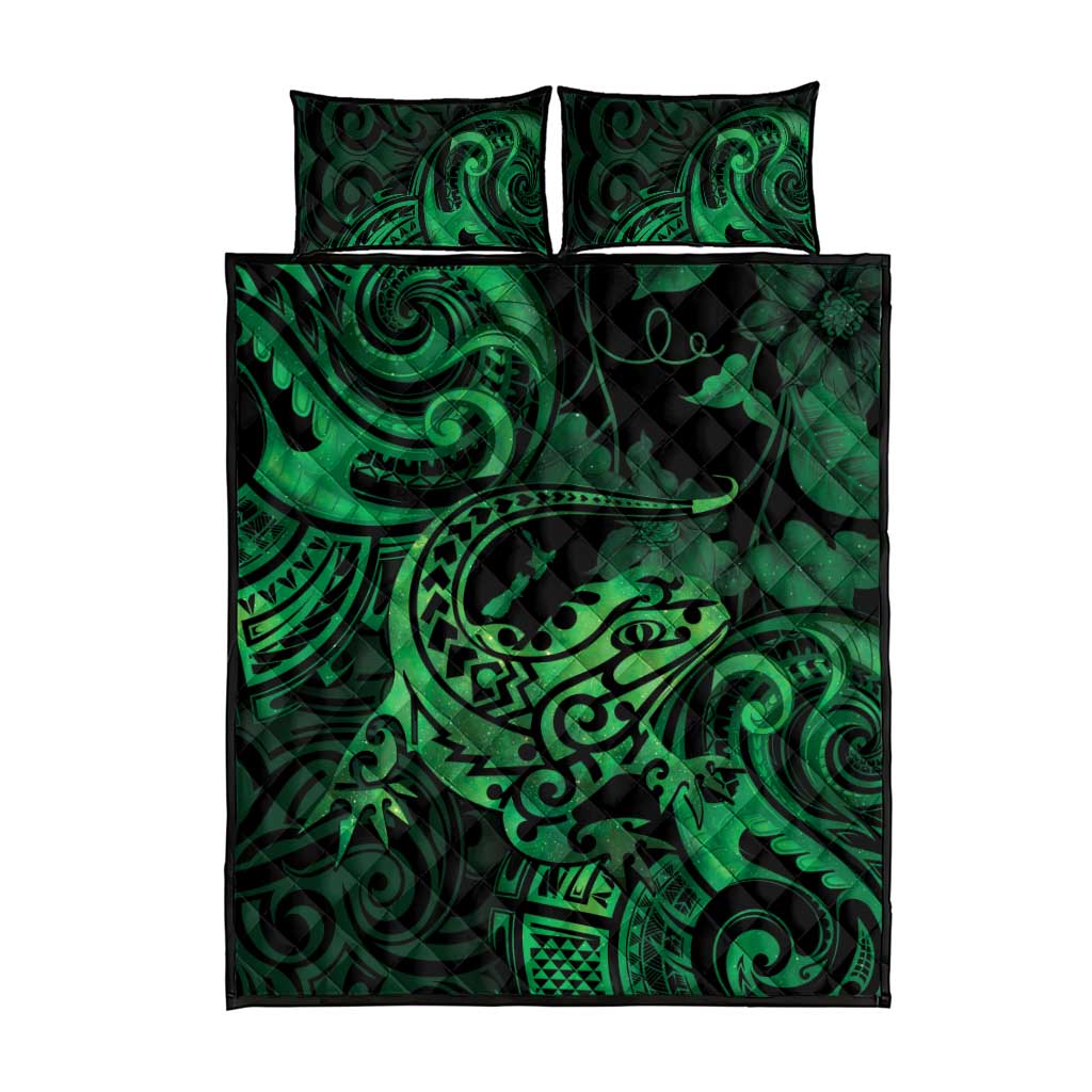 New Zealand Tuatara Quilt Bed Set Aotearoa Maori Clematis Flowers - Green