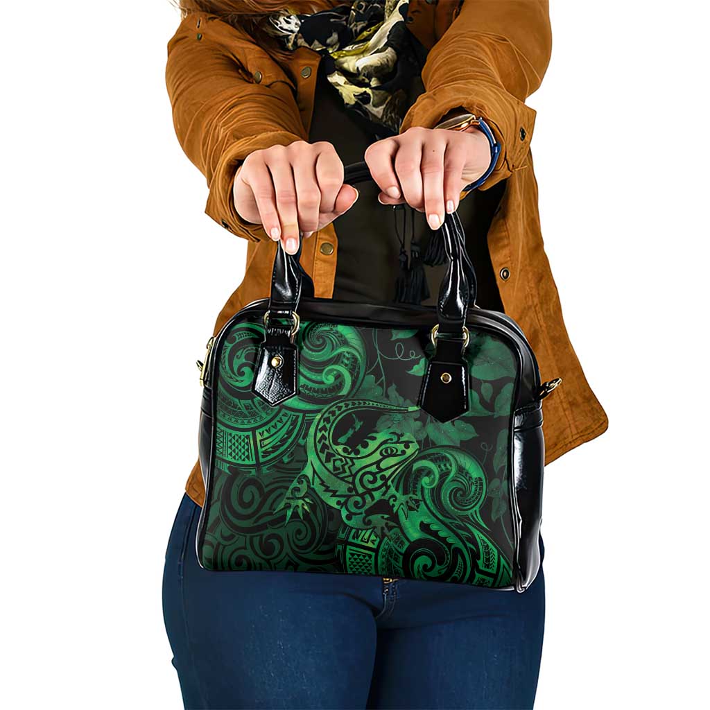 New Zealand Tuatara Shoulder Handbag Aotearoa Maori Clematis Flowers - Green LT14 One Size Green - Polynesian Pride