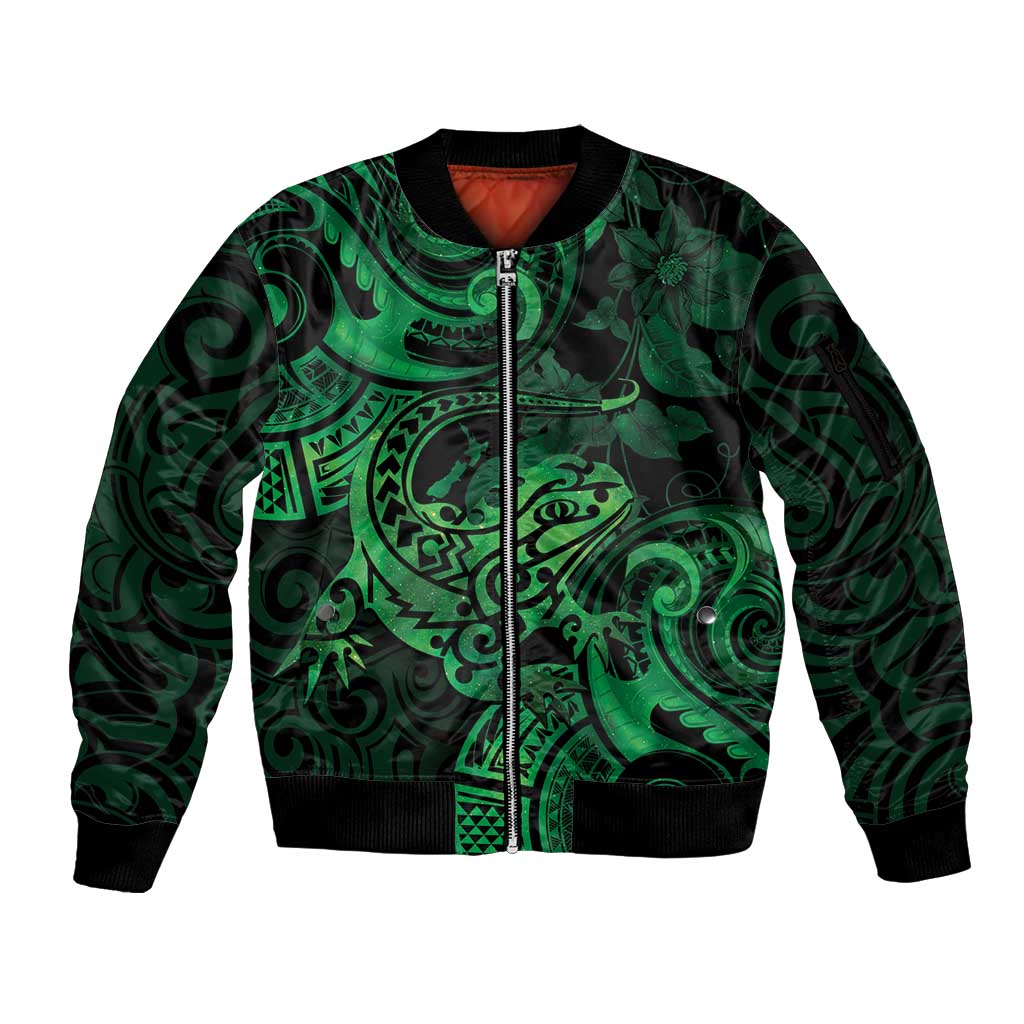 New Zealand Tuatara Sleeve Zip Bomber Jacket Aotearoa Maori Clematis Flowers - Green LT14 Unisex Green - Polynesian Pride