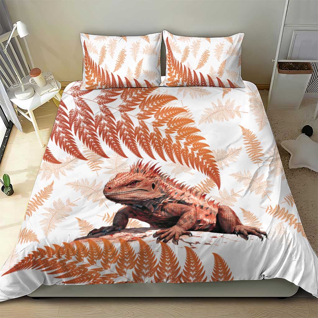 Red New Zealand Tuatara Bedding Set Aotearoa Sphenodon Punctatus Silver Fern