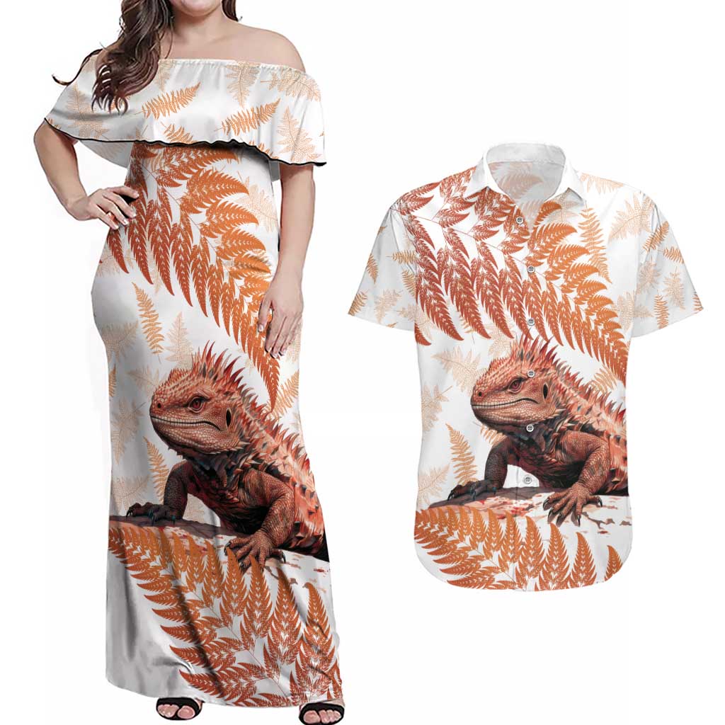 Red New Zealand Tuatara Couples Matching Off Shoulder Maxi Dress and Hawaiian Shirt Aotearoa Sphenodon Punctatus Silver Fern