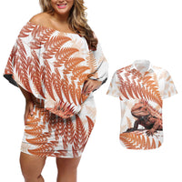Red New Zealand Tuatara Couples Matching Off Shoulder Short Dress and Hawaiian Shirt Aotearoa Sphenodon Punctatus Silver Fern