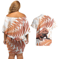 Red New Zealand Tuatara Couples Matching Off Shoulder Short Dress and Hawaiian Shirt Aotearoa Sphenodon Punctatus Silver Fern