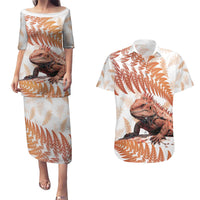 Red New Zealand Tuatara Couples Matching Puletasi and Hawaiian Shirt Aotearoa Sphenodon Punctatus Silver Fern