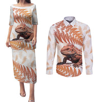 Red New Zealand Tuatara Couples Matching Puletasi and Long Sleeve Button Shirt Aotearoa Sphenodon Punctatus Silver Fern