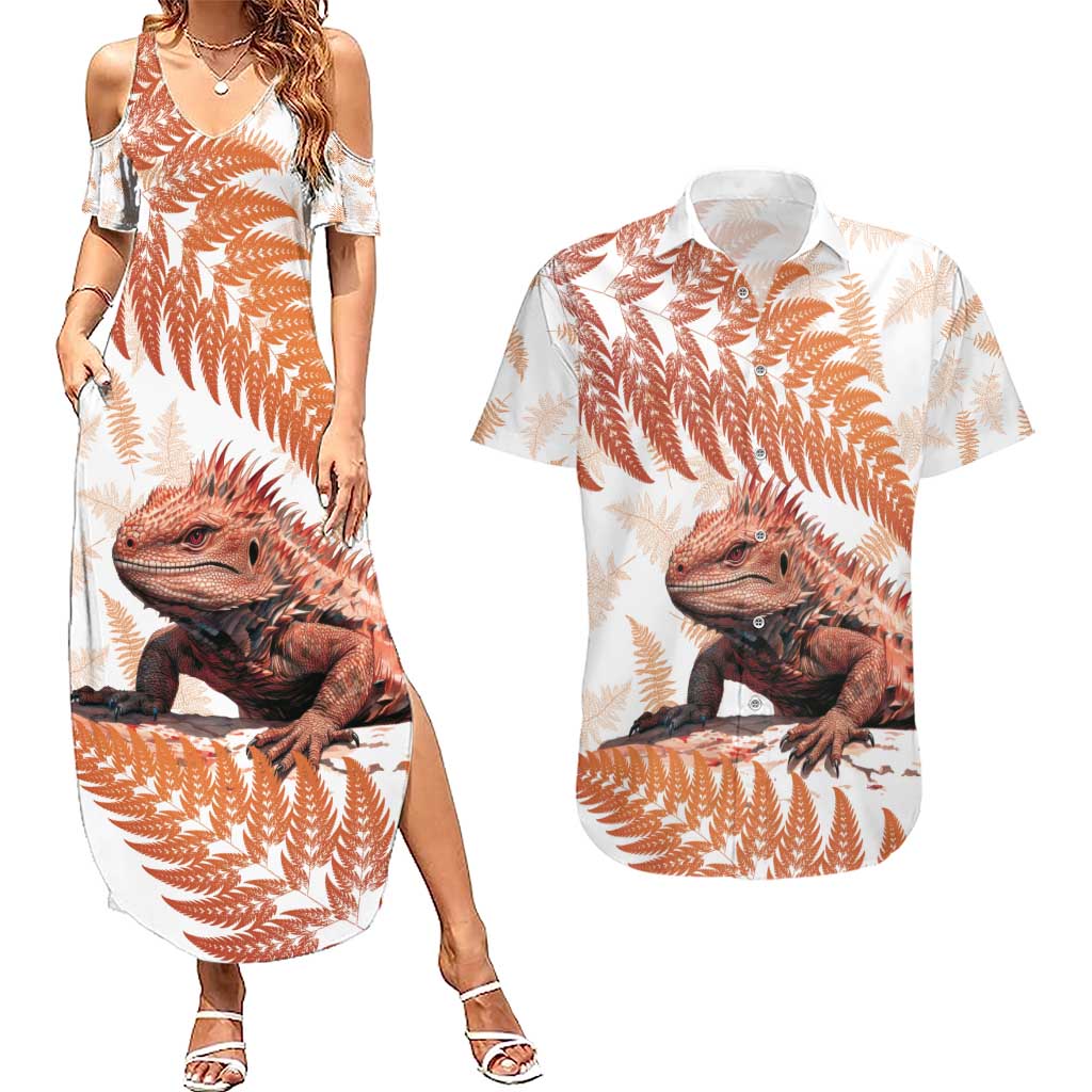 Red New Zealand Tuatara Couples Matching Summer Maxi Dress and Hawaiian Shirt Aotearoa Sphenodon Punctatus Silver Fern